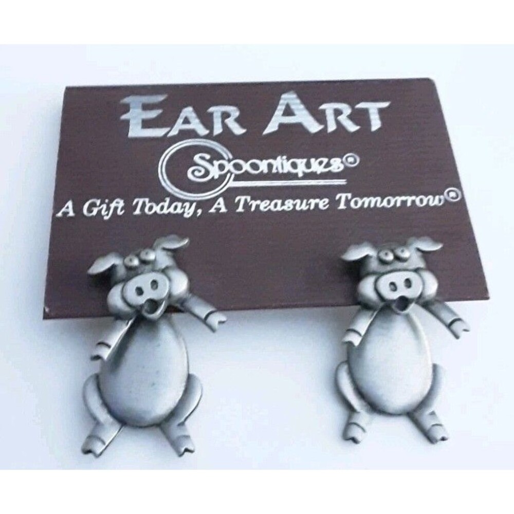 NWT Vintage Earrings By J.J. for Spoontique Pewter Pig Dangle Whimsical Farm